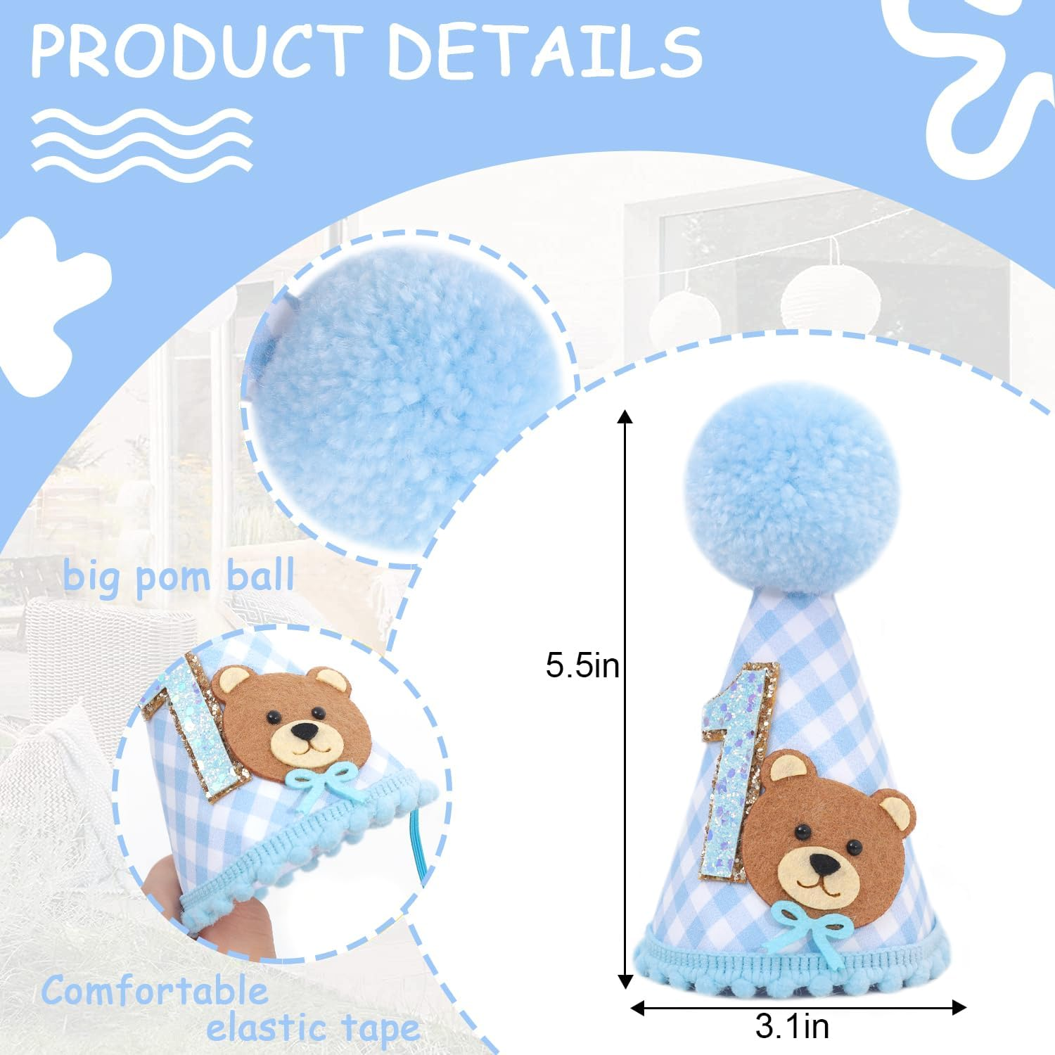 Bear 1St Birthday Hat for Girls/Boys - Bear First Birthday Decorations,Twins Baby One Birthday Hat,Twins Bear Shower - Pink image number 2