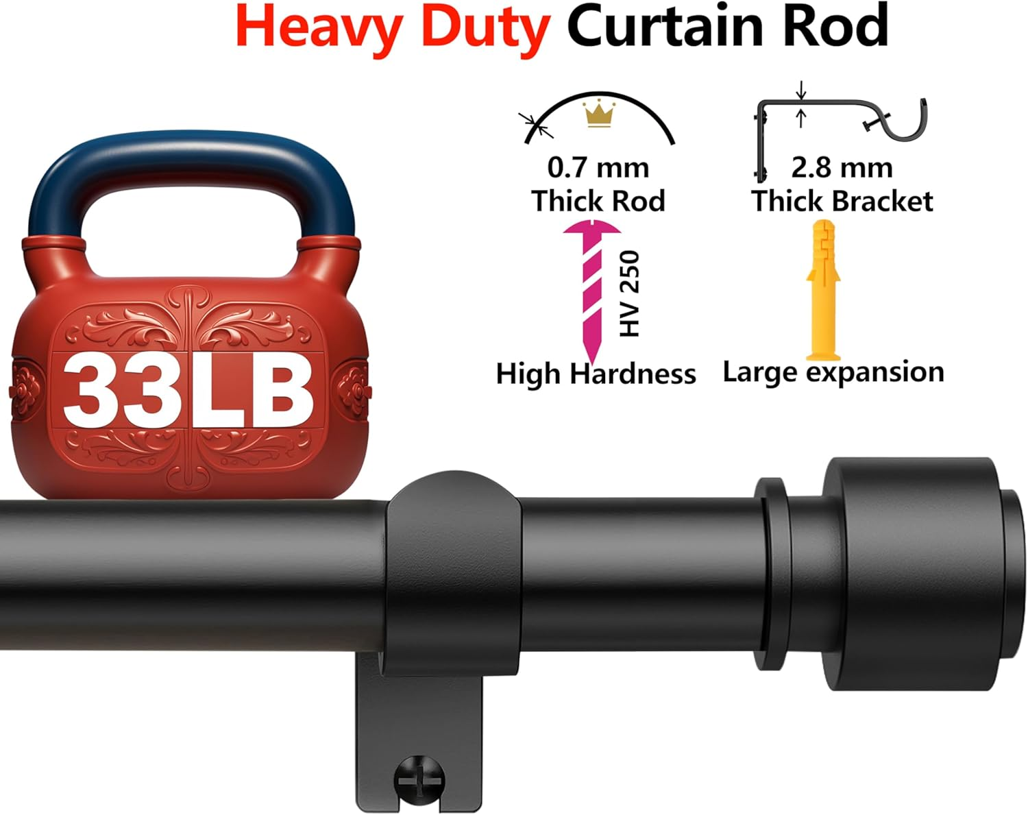 Curtain Rods 213 Cm, 235-Cm Rod Adjustable Length Heavy Duty Decorative Finials Diameter 2.2 Cm,Black image number 2