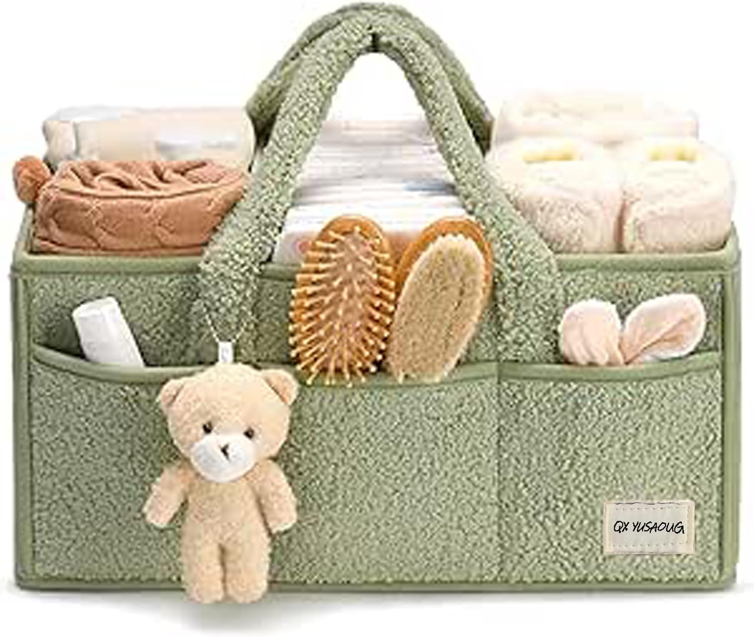 Baby Nappy Caddy Diaper Caddy Organizer, Baby Storage Basket for Diapers and Wipes (Green, with Bear) image number 3
