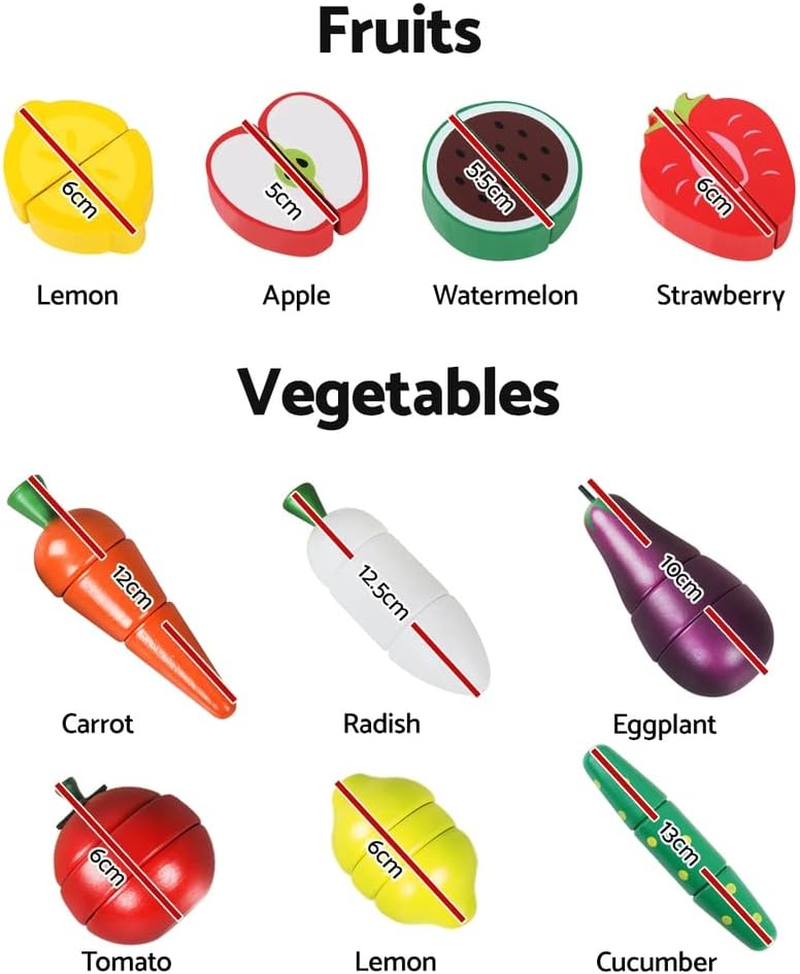 Keezi Kids Kitchen Set 29Pcs Pretend Play Food Playset Wooden Toys Children Cooking Cookware Sets Knife Safe Cutting Veggies Fruits Toy Home Cubby Furniture, Magnetic Connected Multicoloured