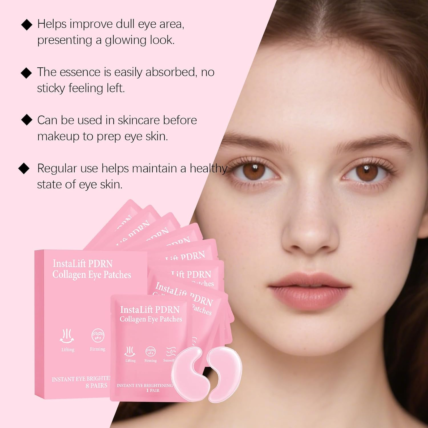 Instalift PDRN Collagen Eye Patches, Firming Lifting under Eye Masks for Puffiness and Dark Circles, Smoothing Hydrating Gel Pads for Tired Eyes, Eye Brightening Care with Collagen & PDRN (1Box)