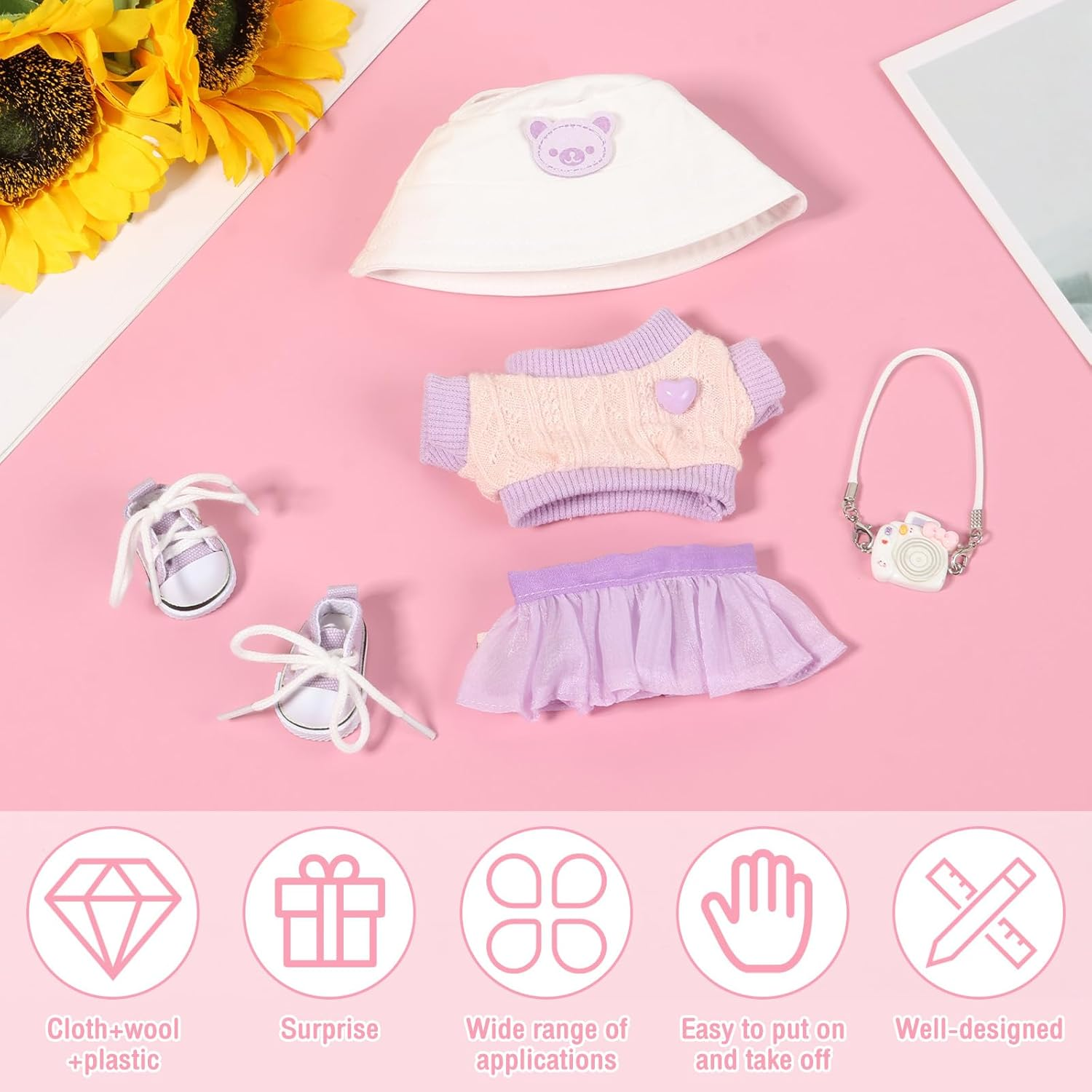 Fwqofvk Clothes Kit for Pendant, Cute Clothes Suit, Exquisite Small Clothes Set Includes Hat, Sweater, Skirt,Camera Model and Shoes for Girl Boy Kid Birthday Present (Purple) image number 4