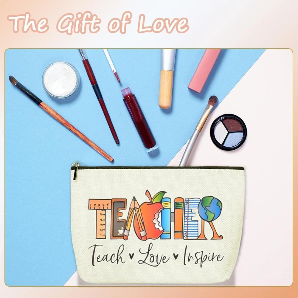 Teacher Inspirational Gifts Makeup Bag for Women Teacher Design with Teach Love Inspire Canvas Cosmetic Bags Travel Toiletry Pouches for Teachers Appreciation Back to School Christmas Birthday Gift image number 6
