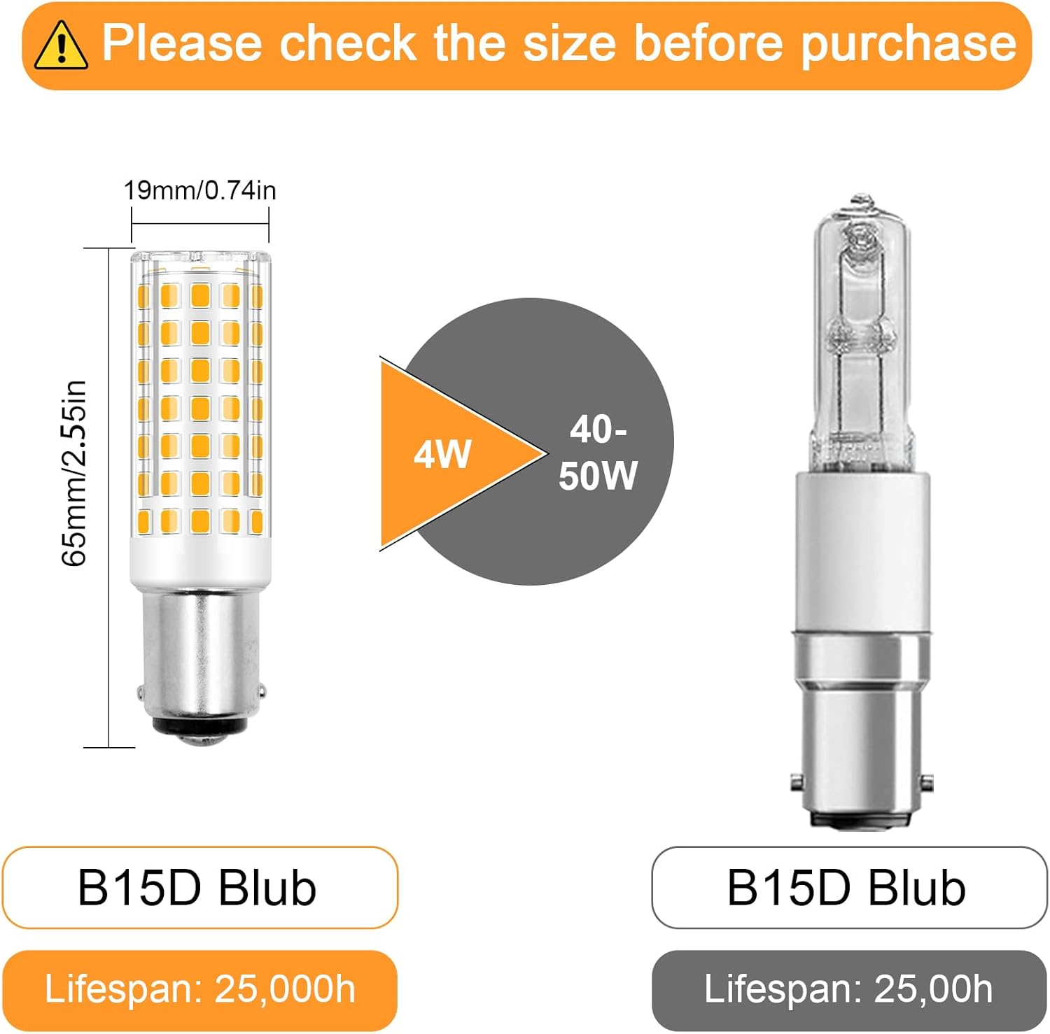 BROLSKUN B15D LED 4W Warm White 3000K Replacement for 40W 50W B15D Halogen Bulb B15 Double Contact Bayonet Socket AC 220V-240V 480LM for Sewing Machine Lamp Ceiling Lamps, Set of 2 image number 1