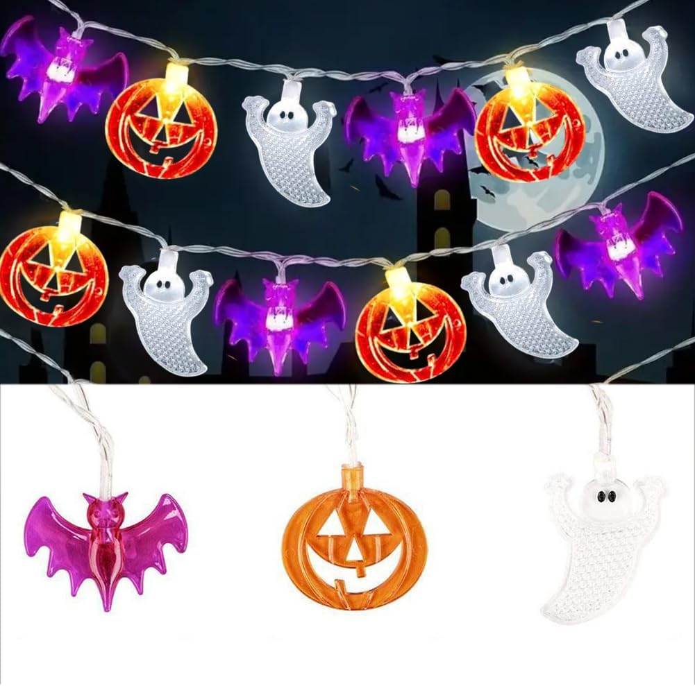 Halloween Fairy Lights, Pack of 3 Ghost Bats Pumpkin Fairy Lights, 3 Metres, 20 Leds, Orange Pumpkins, Purple Bats, White Ghost Lights, for Halloween Decoration, Carnival, Porch, Window image number 5