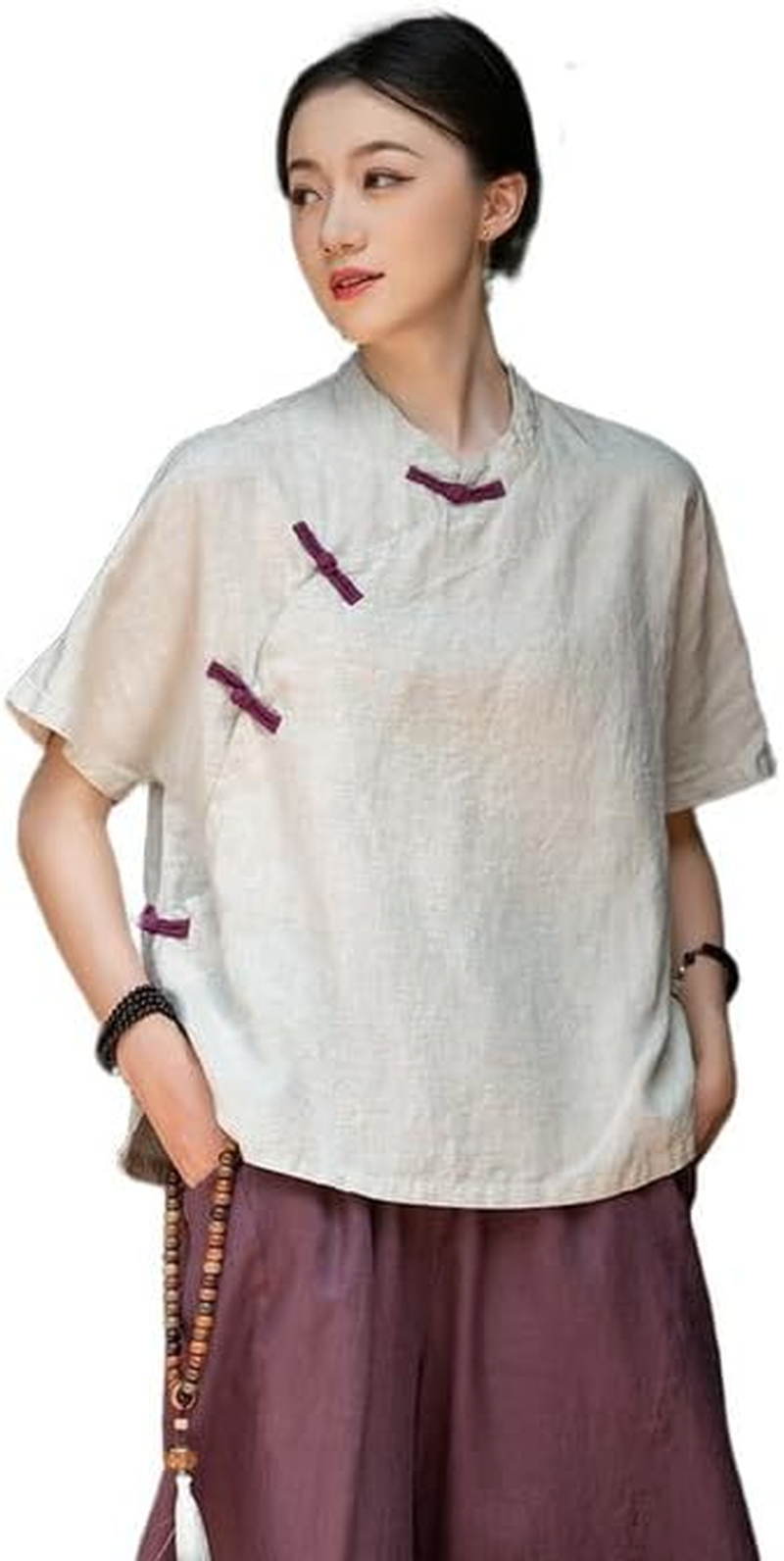 Women'S Chinese Linen Top Tang Style Half Sleeve Shirt Frog Button Blouse