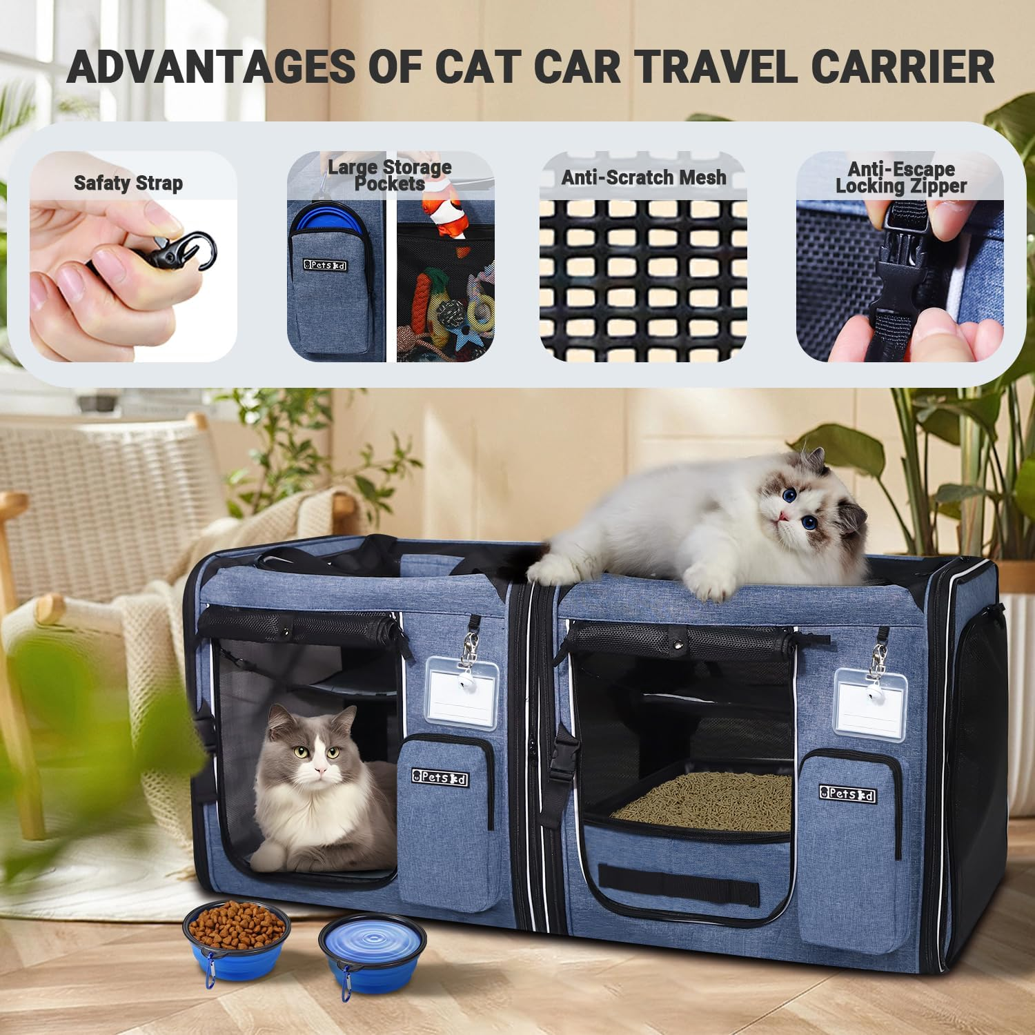 Petskd 2 in 1 Double Cat Car Travel Carrier with Litter Box, 38"X17"X18" Portable Dual Extra Large Cat Carrier for Multiple Cats with Zipper Locks for Moving across the Country image number 5