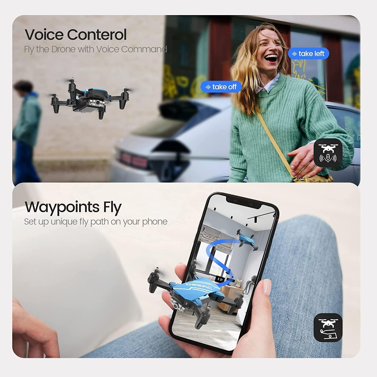 DEERC D20 Mini Drone with Camera for Kids, Remote Control Toys Gifts for Boys Girls with Voice Control, Gestures Selfie, Altitude Hold, Gravity Control, One Key Start, 3D Flips 2 Batteries, Blue - Silver image number 7