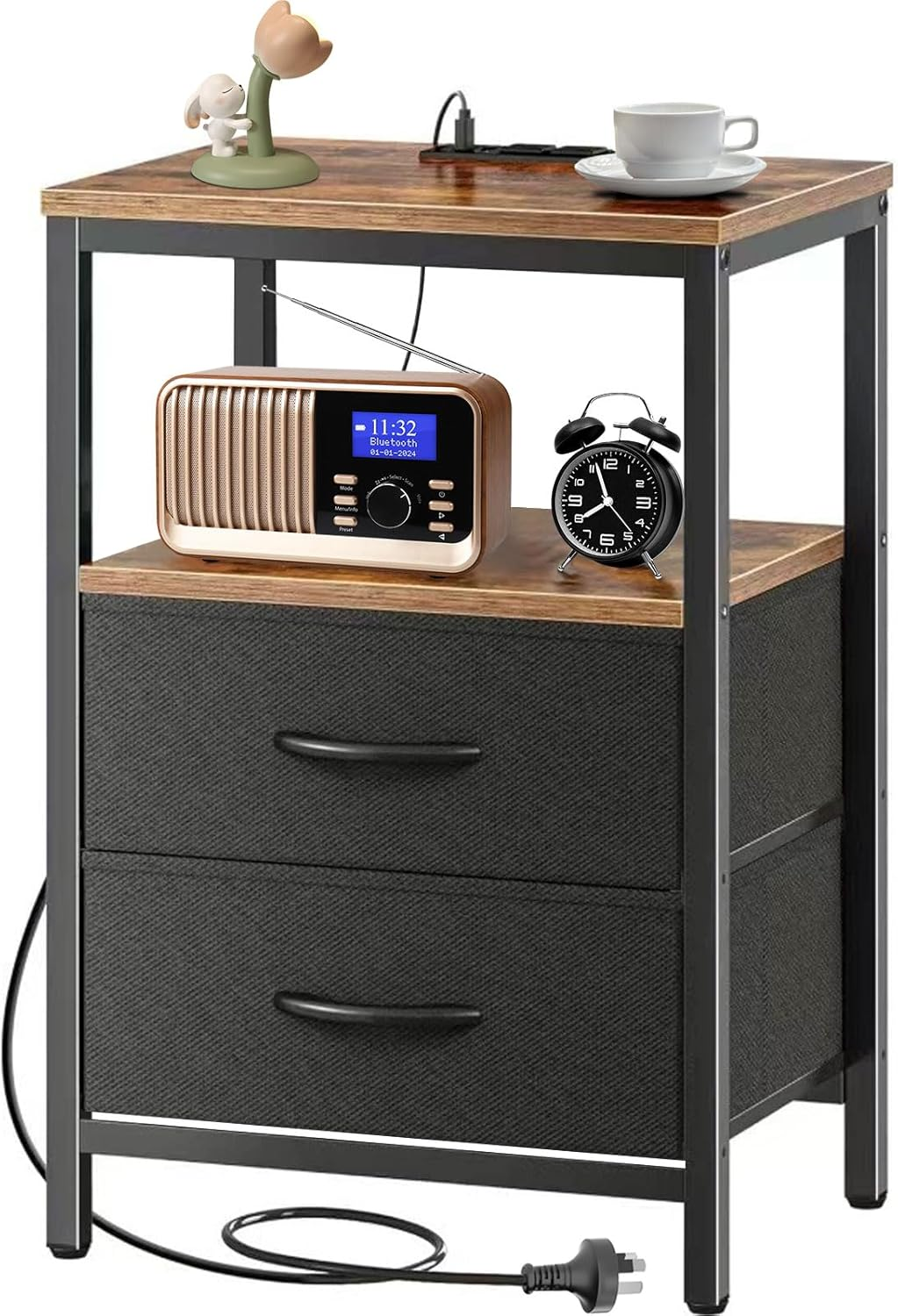 Night Stand with Charging Station, 3-Tier Storage Nightstand with 2 Fabric Drawer,End Tables Bedroom Bedside Table with Charging Station for Bedroom, Dorm, Living Room - Easy Assembly, Sturdy Design image number 6