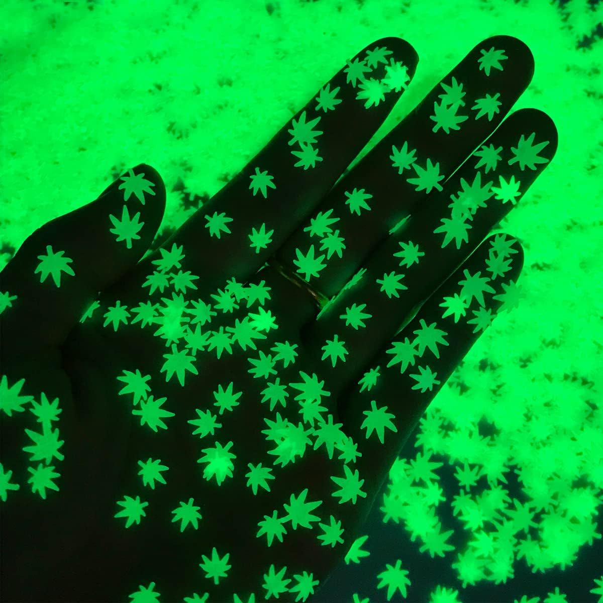 Glow in the Dark Leaf Glitter - Solvent Resistant & Cosmetic Grade - Festival Rave Makeup Face Body Nails Resin Arts & Crafts, Tumblers, Bath Bombs, Resin - Weed Pot Marijuana Leaf - Black image number 6