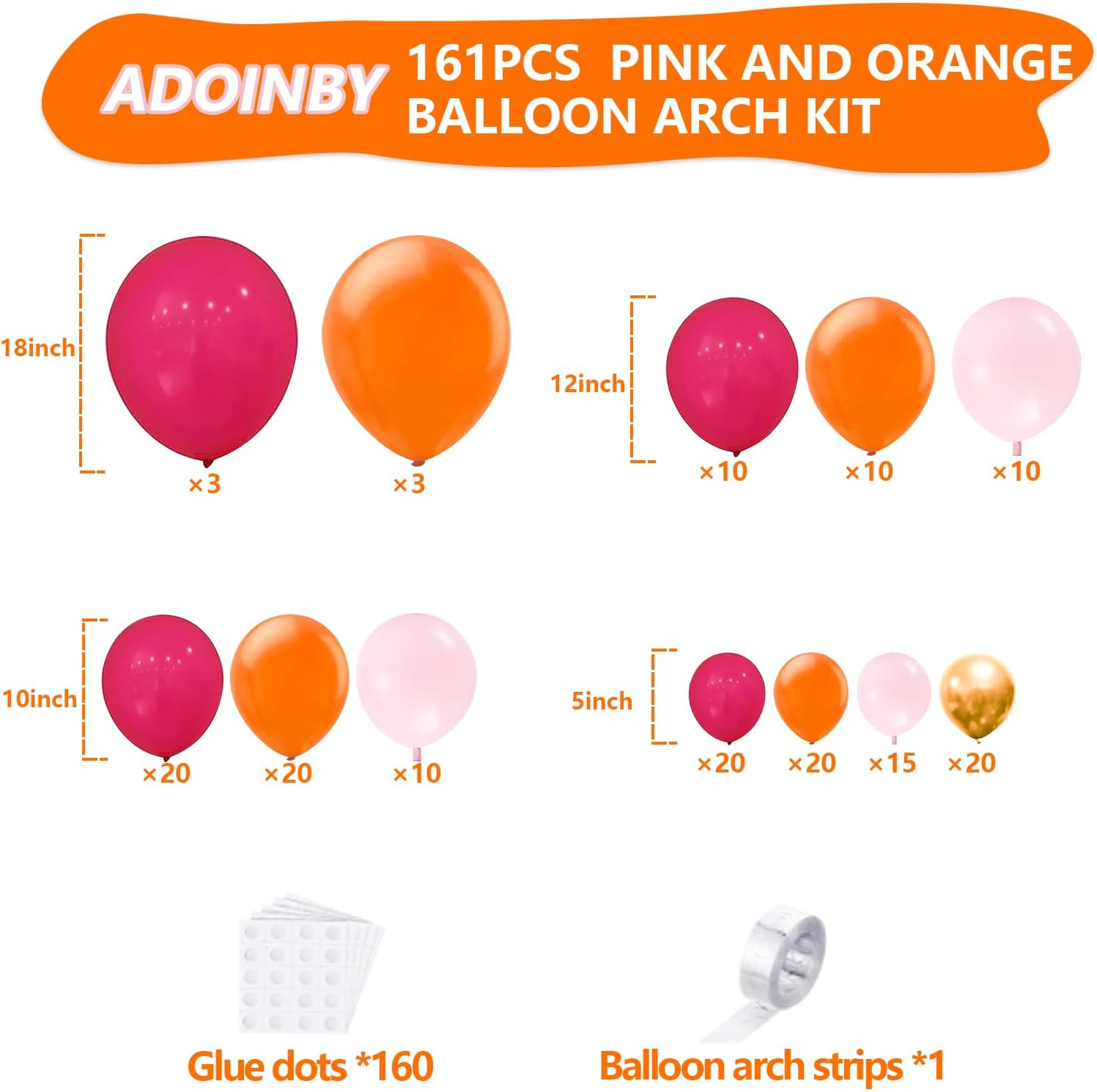 Pink and Orange Balloon Arch Kit, ADOINBY 161Pcs Hot Pink Orange Metallic Gold Latex Balloon Garland Kit, 18 12 10 5 Inch Different Size Balloons for Birthday Baby Shower Wedding Party Decorations - Blue image number 6