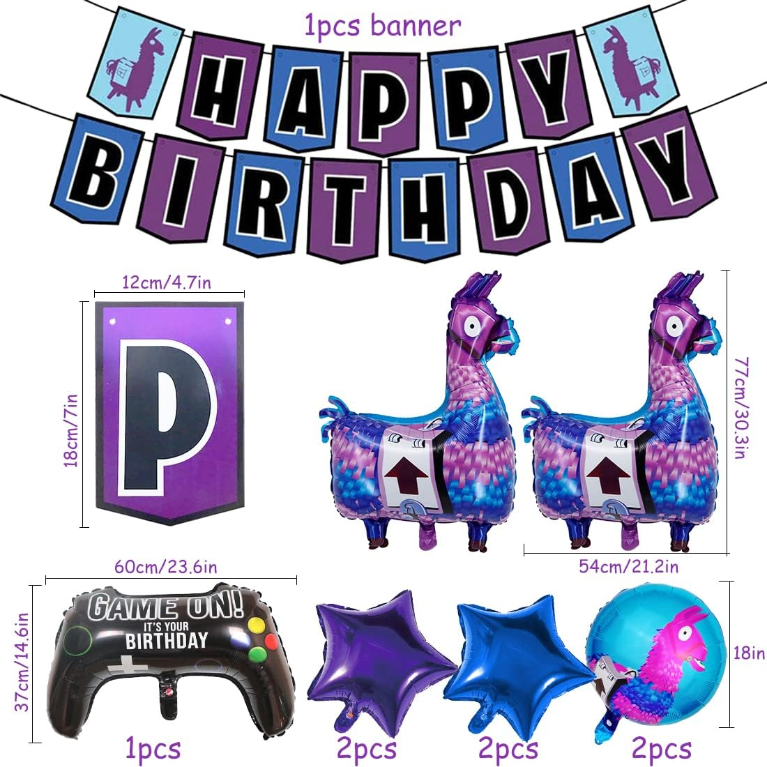 Video Game Party Balloons and Banner Set (Pack of 10) - Blue, Purple Star Foil & Paper Balloons - Gamepad, Alpaca & Star Shapes - Reusable - Perfect for Kids' Birthday Parties image number 6