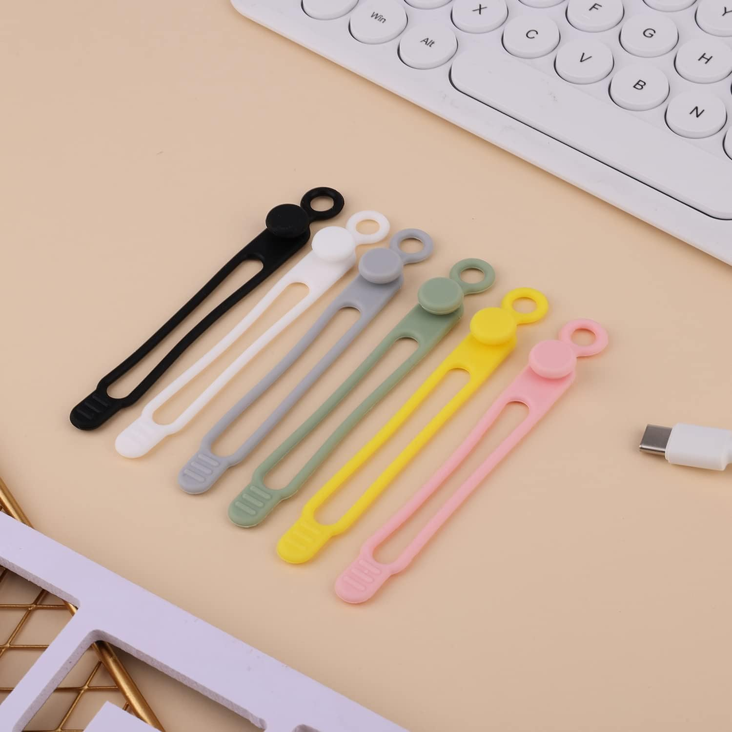 KINBOM 12Pcs Silicone Cable Straps, Reusable Wire Ties Multipurpose Cord Organizer Straps Stretchy Cord Keeper for Earphone, Phone Charger, USB Cables, Kitchen Appliances, Pencil (6 Colors) image number 4