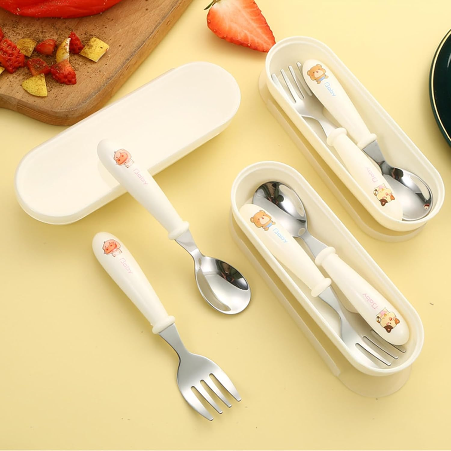 Yeanifeana Stainless Steel Fork and Spoon Set with Travel Case, Durable, Dishwasher Safe Utensils Perfect for Learning to Use (Bear) - Bear image number 2