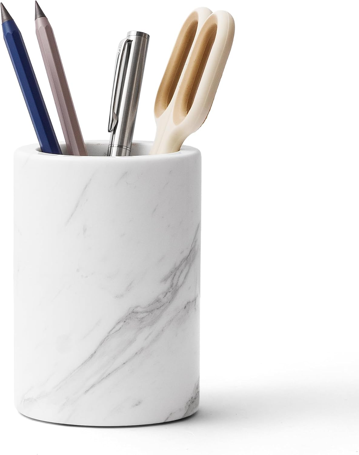 WORHE Natural Marble Pen Holder for Desk, Handcrafted Volakas Sturdy Desk Organizer for Office Supplies Storage Desktop Stationary Makeup Brushes Cup Pencil Holders for Home White (DL002) image number 3