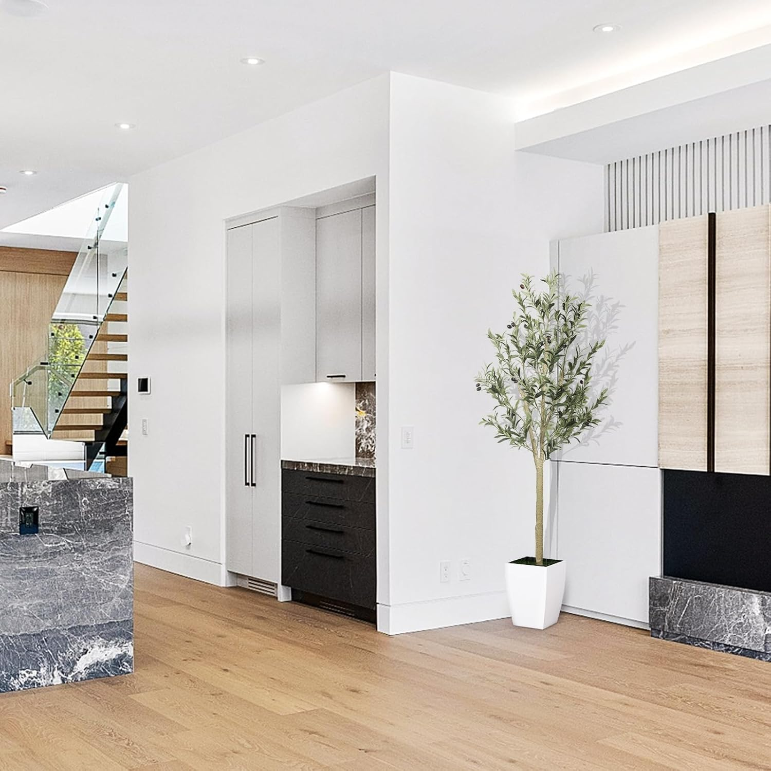 LYERSE 5Ft(60") Olive Tree Artificial Indoor, Fake Potted Olive Tree with Planter Large Faux Olive Branches and Fruits Artificial Tree for Home Office Decor image number 5