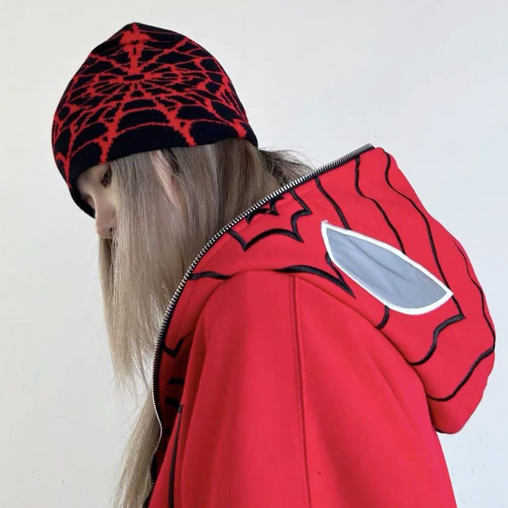 Arcimatto Y2K Spider Beanie Hat Wool Acrylic Knit Skull Cap Winter Warm Streetwear MEA Design Hats for Women Man Teenagers - Black Grey image number 4