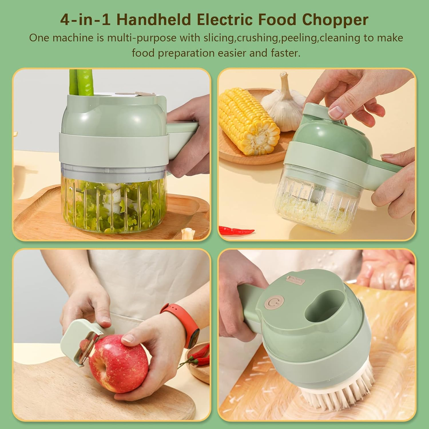 Vegetable Chopper 4 in 1 Handheld Electric Food Chopper Set Wireless Vegetable Cutter Set with USB Powered for Garlic Chili Onion Celery Ginger Meat Green image number 4