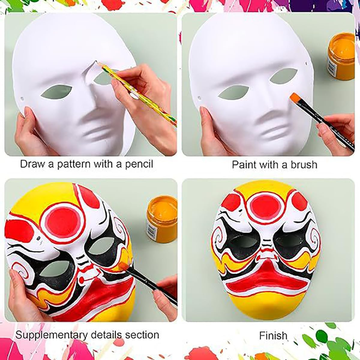 10 Pcs White Paper Masks with Tied Ropes,Blank Full Face Mask DIY White Masks for Halloween Masquerade Cosplay Christmas Festival Accessory(Men and Women) image number 4