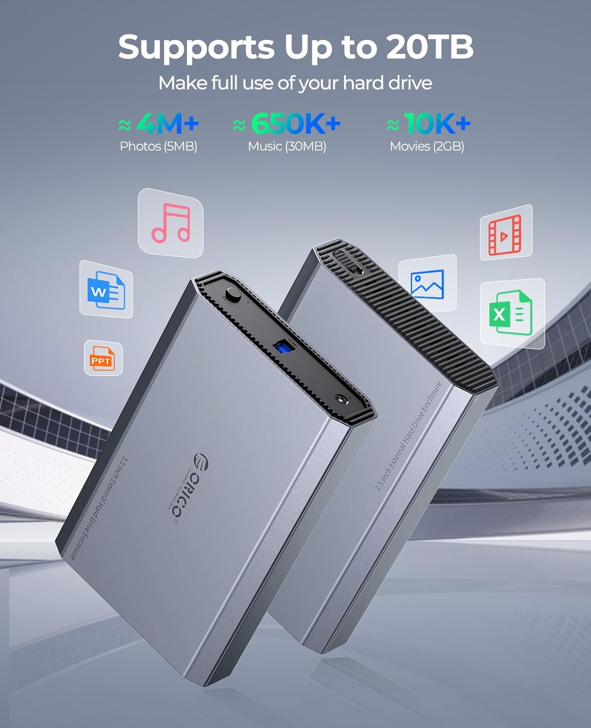 ORICO Aluminum 3.5 Hard Drive Enclosure with USB 3.2 Gen 2 6Gbps Transfer Speed, Fit for 3.5/2.5 Inch SATA HDD SSD up to 20 TB, USB C to USB C/A 2 in 1 Cable Compatible with Macbook Windows(Dd35-C3) image number 2