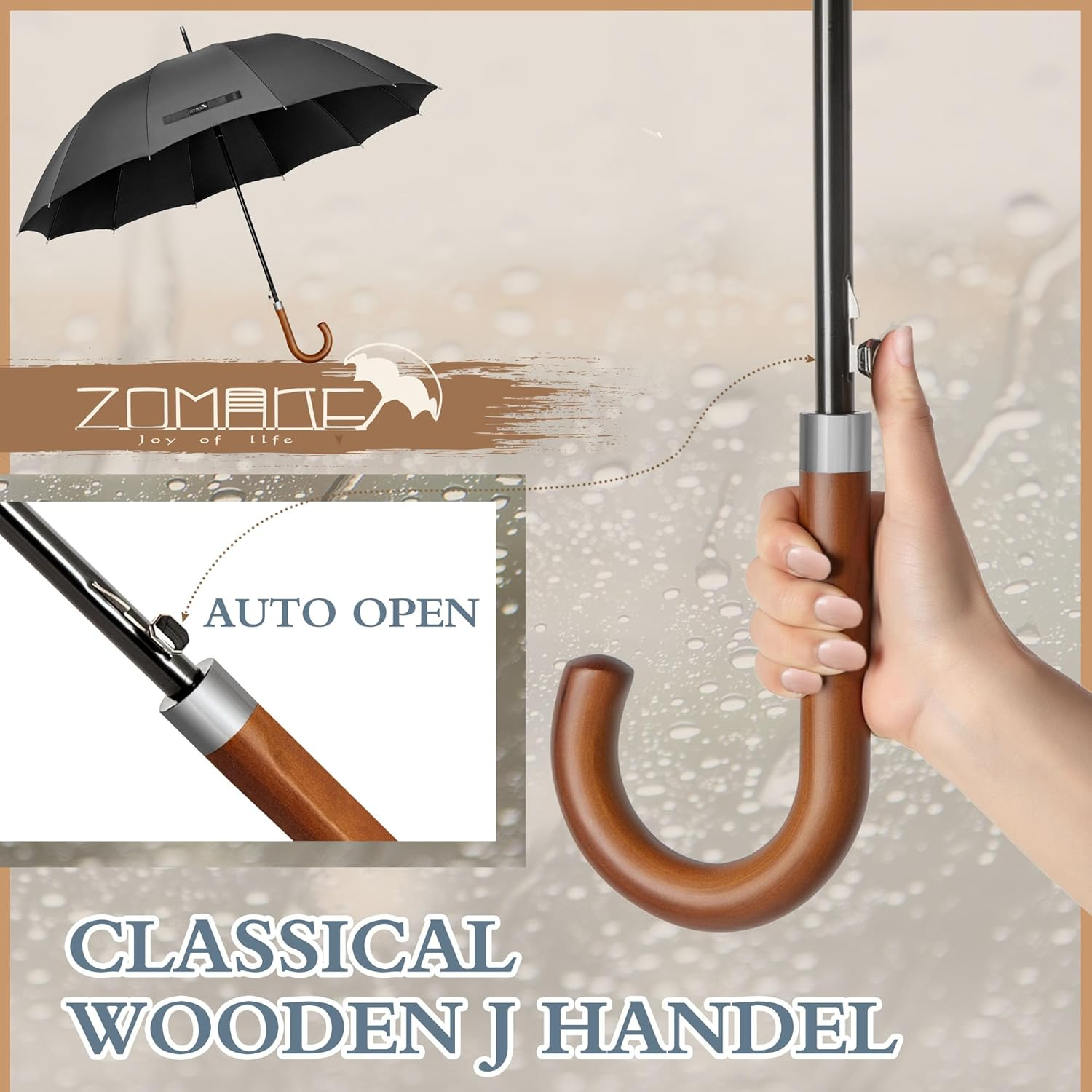 ZOMAKE Large Stick Golf Umbrella with Wood Hook Handle 12 Ribs - Automatic Open Classic Umbrellas Windproof Wooden Handle - Curved Handle Umbrella Cane, Long Umbrella with J Hook for Women Men - Black image number 4