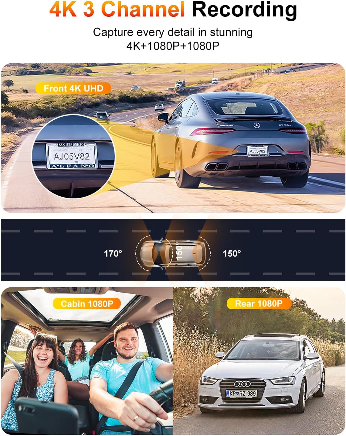 Oolong 4K 3 Channel Dash Cam,5G Wifi6 Built-In GPS,4K+1080P+1080P Front and Rear inside Included 64GB Card,Triple Car Camera 3.18'' Screen,Loop Recording,Ir Night Vision,24H Parking Mode,256Gb Max image number 3