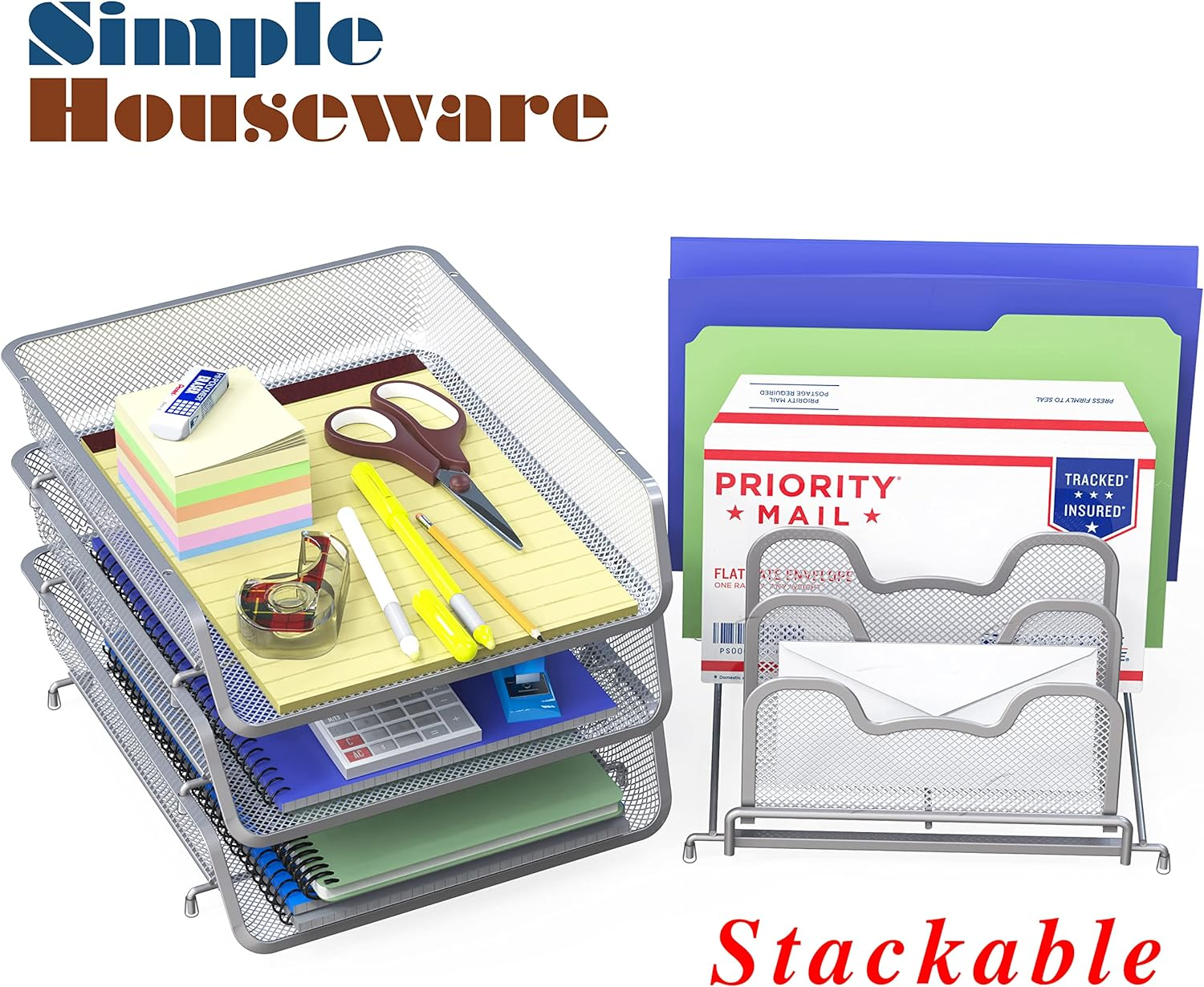 3-Pack Stackable Desk File Document Letter Tray W/ 5 Compartments Step File Organizer Silver image number 2