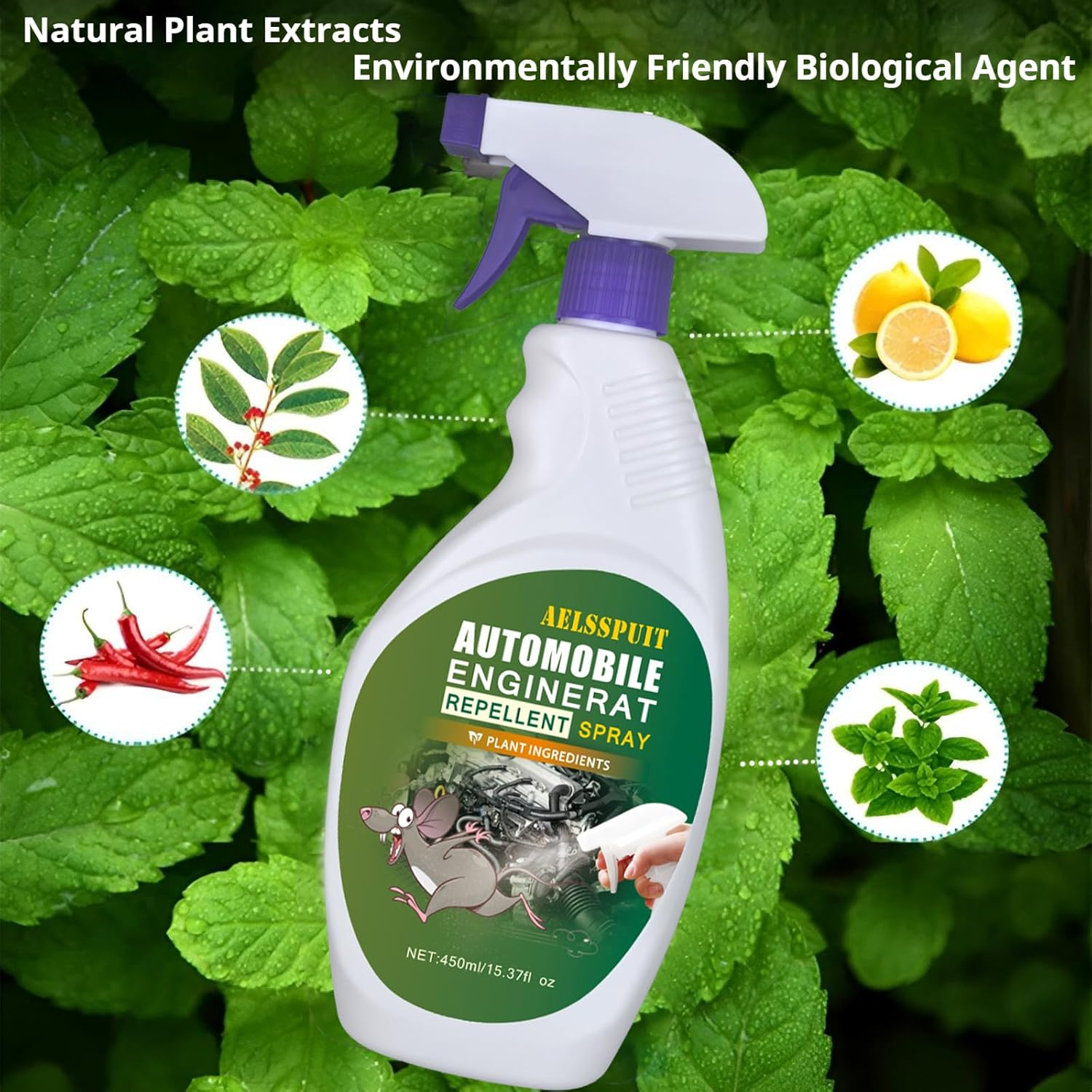 AELSSPUIT Plant-Based Automobile Engine Safe Mouse Repellent&ndash; Long-Lasting, Eco-Friendly Rodent Deterrent for Cars, Protects against Wire & Hose Damage, Easy Application for Safe & Effective 450Ml