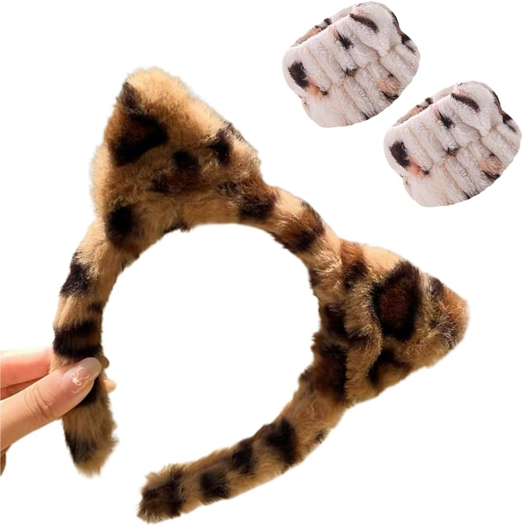 1 X Women'S Headband, 2 Pieces Face Wash Wrist, Hair Band, Cosmetic Headband, Reusable Hair Bands Make up Made of Sponge, Hair Bands for Makeup (Leopard Pattern Style) image number 4