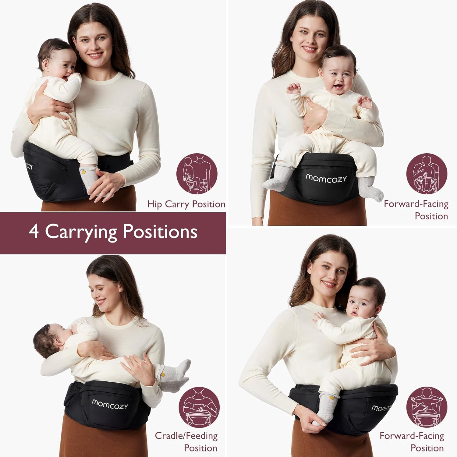 Momcozy Hip Seat Baby Carrier - Adjustable Waistband with Original 3D Belly Protector, Ergonomic Carrier with Various Pockets for Newborns & Toddlers up to 45Lbs, Black