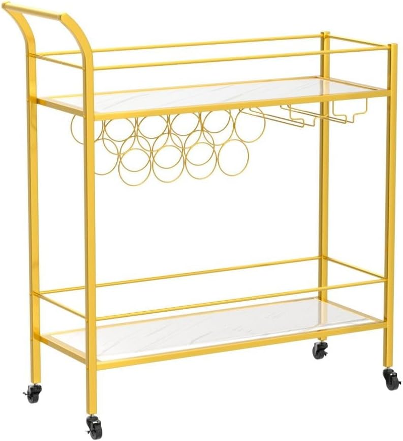 Lifewit Drinks Trolley on Wheels, 2 Tier Bar Cart with 9 Wine Bottle Racks, Serving Cart for Kitchen Dining Living Room Outdoor, 80 X 33.2 X 87.8 Cm, Gold image number 3