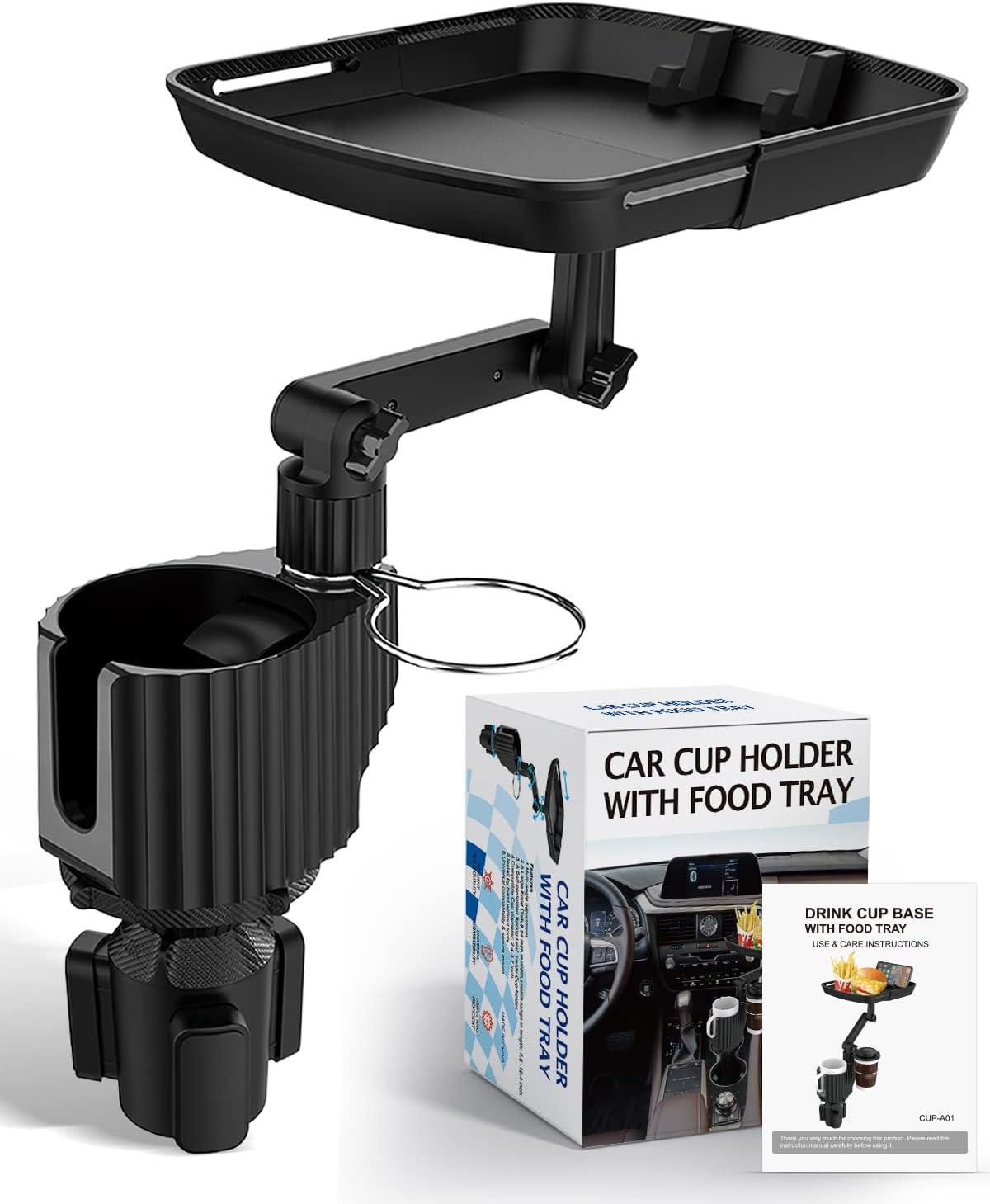 4-In-1 Car Cup Holder Expander Tray,Detachable Upgraded Large Car Food Tray Expandable Dual Cup with Phone Holder,360&deg;Rotation Adjustable Base,Road Trip Essentials Accessories for Drinking and Eating image number 1