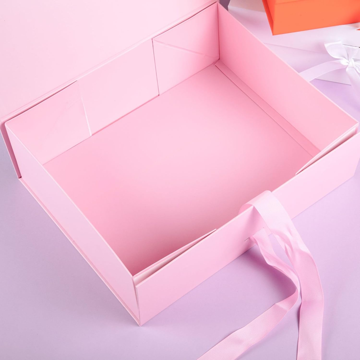 4 Pack Pink Magnetic Gift Boxes with Lids (10.3X7.5X3.2In),Wady Foldable Reusable Bridesmaid Gift Box with Ribbon, Makeup Storage Box, Easy to Assemble & Durable
