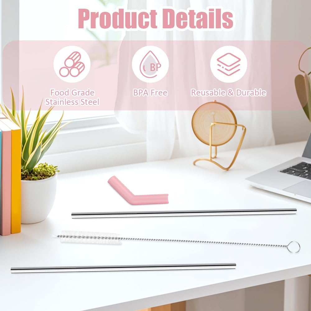 Stainless Steel Straws, Reusable, 6 Pieces Stainless Steel Straws with Silicone Tips, 30 Cm Metal Straw for Stanley Cup, Metal Straw with Cleaning Brushes for Cocktail, Smoothie and Juices, Straight image number 5