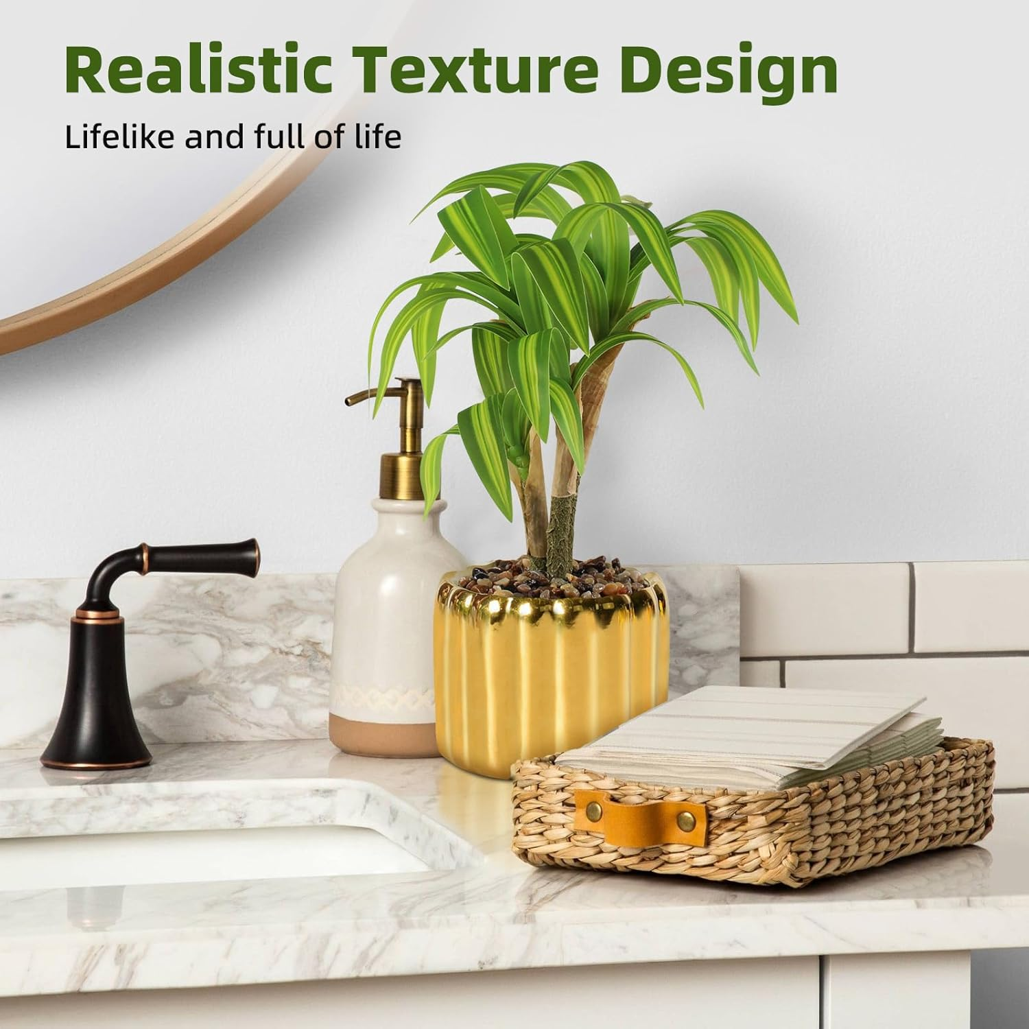 2 Pcs Artificial Dracaena Plant Golden Ceramic Pot Realistic Textured Faux Plants for Indoor Outdoor Fake Greenery Home Office Decor with Lifelike Foliage image number 1