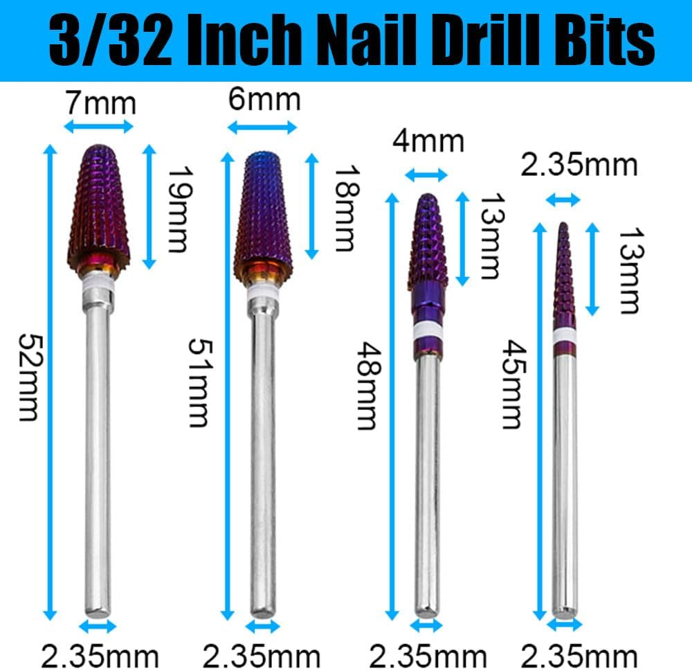 Yakamoz 4Pcs 5 in 1 Nail Drill Bit Set, 3/32" Tungsten Carbide Nail Drill Bits Professional Tornado Multi-Function Bits Two Way Purple Efile Nail Drill Bit for Manicure Pedicure Cuticle Gel Polishing image number 6