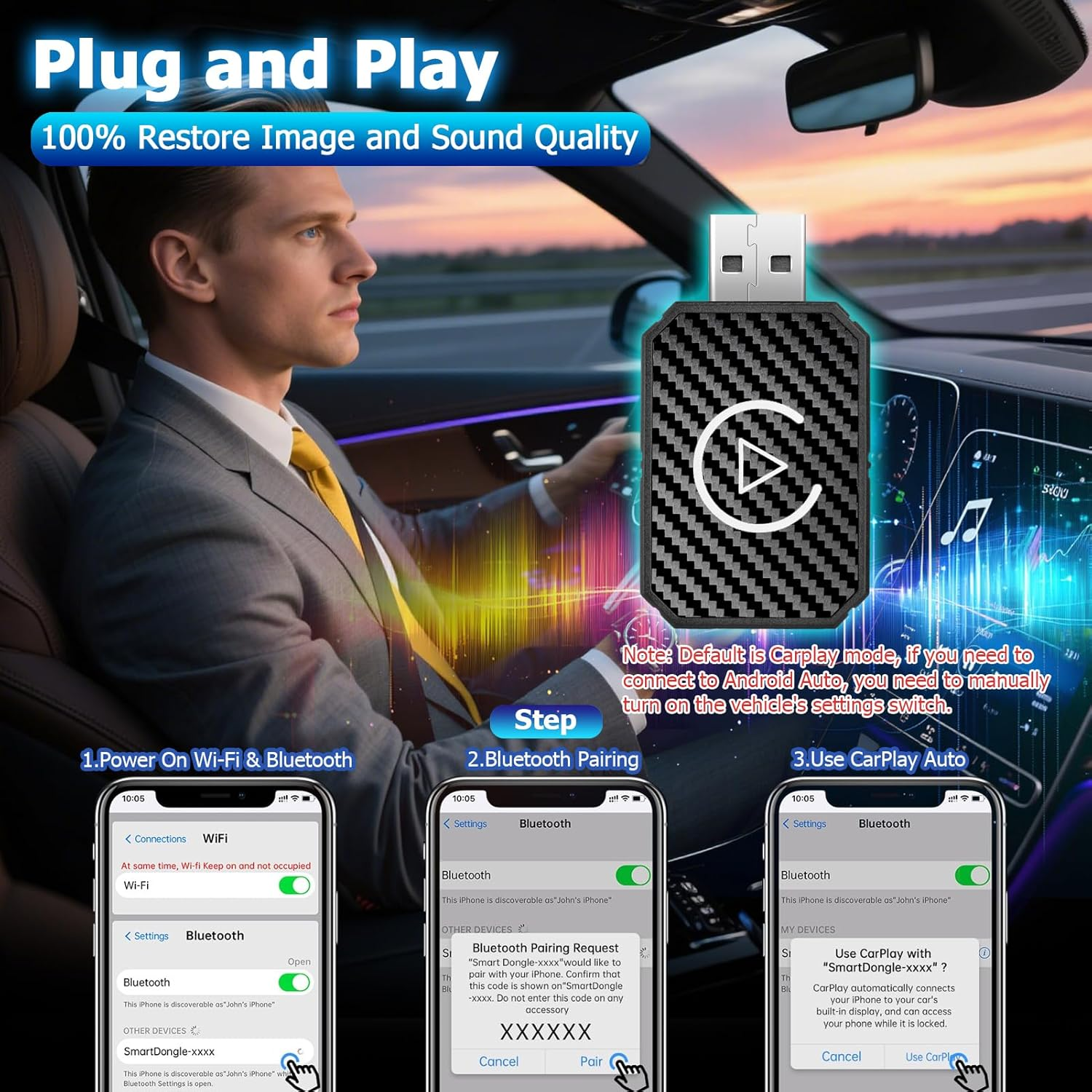 Amtake Wireless Carplay & Android Auto Adapter, Converts Wired to Wireless Carplay Adapter Plug & Play Dongle Compatible with Iphone/Ios 10+/Android 11+, with USB-C image number 6