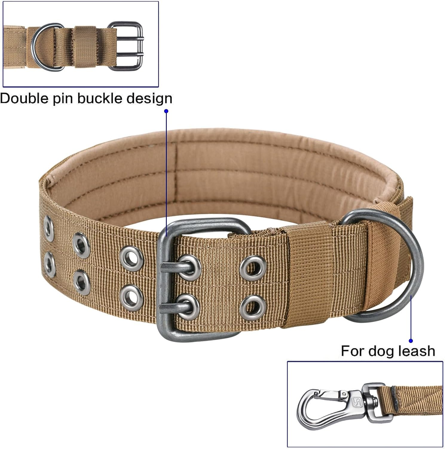 EXCELLENT ELITE SPANKER 1.5" Width Military Dog Collar Adjustable Metal D Ring & Buckle Working Dog Collar for Medium Large Dogs (Coyote Brown-Xl) image number 3