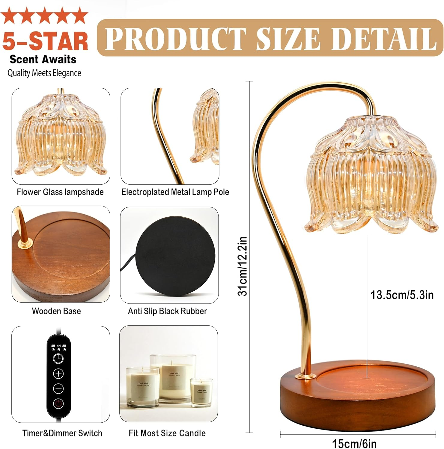 Candle Warmer Lamp with Timer Dimmer,Electric Candle Warmer, Vintage Flower Lotus Lamp, Gifts for Mom Women,Candle Lamp for Bedroom Home Decor (Flower Lamp) Compatible with Various Candles image number 5