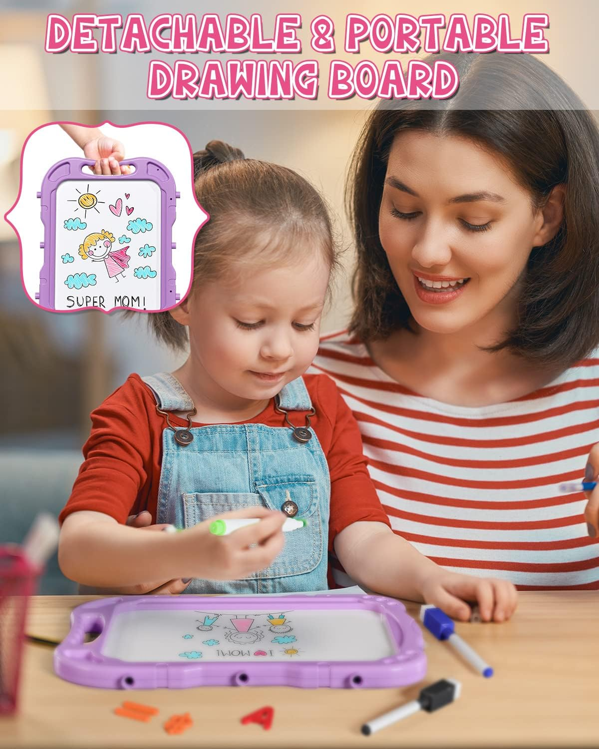 Lehoo Castle 4 in 1 Easel Set for Kids, Kids' Art Easels Height Adjustable, White & Black Board Double Side 360&deg; Rotation, Chalk and Magnet Available with Writing and Drawing Supplies (Purple) image number 6