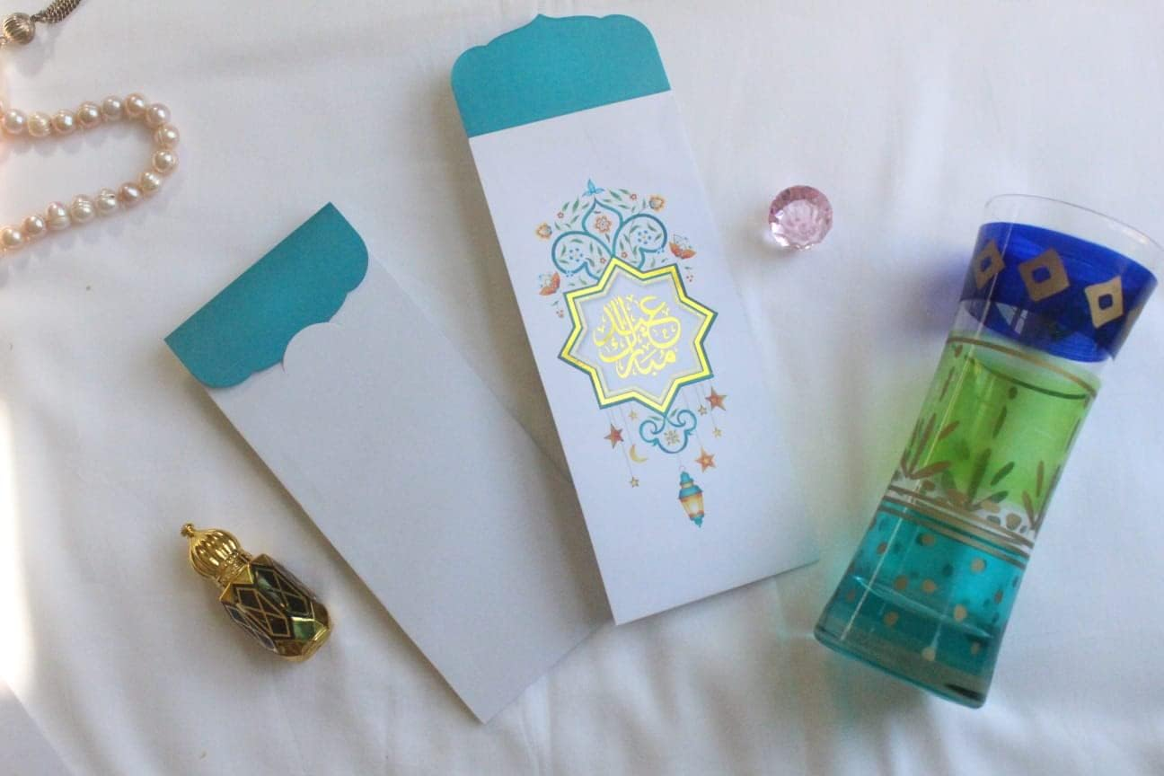 Confetti! (Pack of 10) Eid Money Envelope for Gifting - Eid Mubarak Ramadan Eidi Envelopes - Lanterns and Motif Gold Foil Design - Blue image number 1