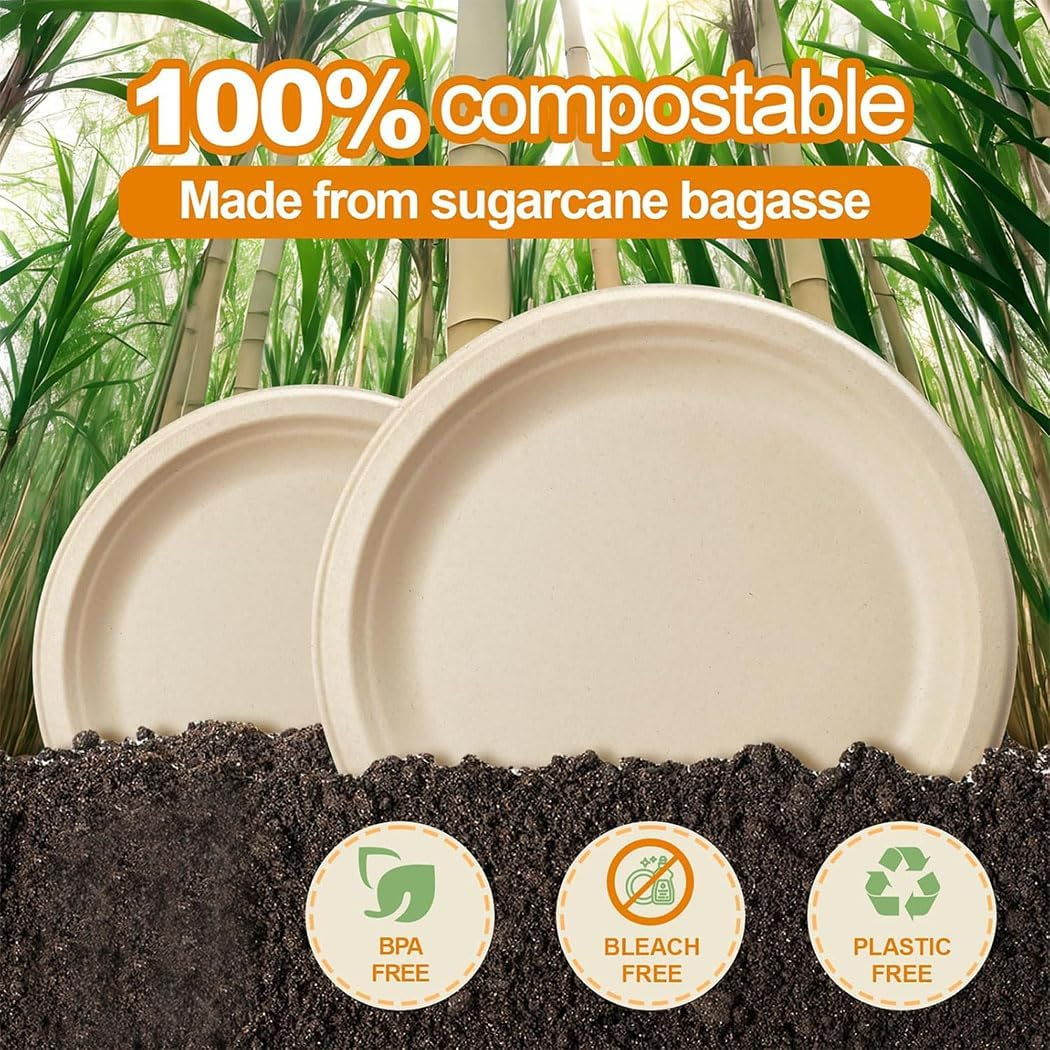 Idopick Compostable Paper Plates 9 Inch, 50 Pack Biodegradable Sugarcane Bagasse Disposable Heavy-Duty Plates, Eco-Friendly Unbleached Brown for Party, Wedding image number 3