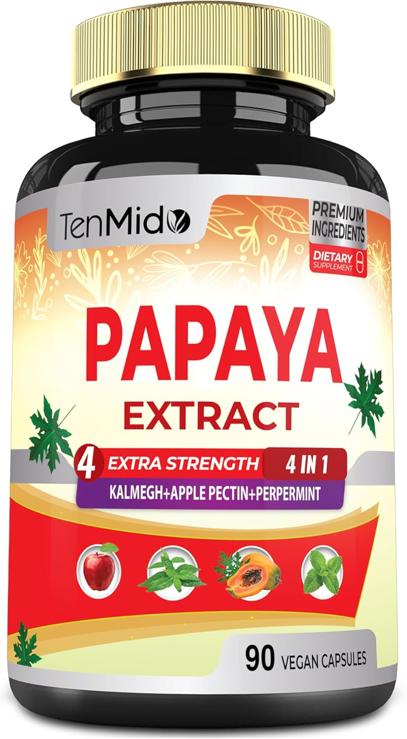 Papaya Leaf Extract Supplements Capsules 5650Mg, 3 Months Supply with Kalmegh, Apple Pectin, Peppermint - Improved Digestion Function - 90 Vegan Capsules