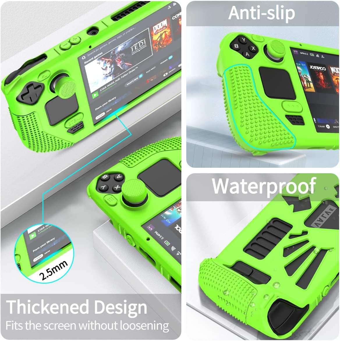 SUIHUOJI Steam Deck/Steam Deck OLED Standing Protective Case, Thickening Silicone Accessories Protector, Soft Cover Skin Shell with 2 Pairs Thumb Grips, Full Protection for Valve Stream Deck (Green) image number 1