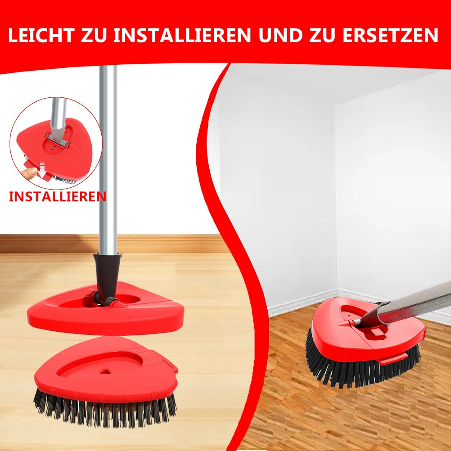 Spin Mop Scrubbing Brush Replacement Head and Base Compatible with Vileda Turbo Mop and Floor Scrubbing Brush Triangle Hard Bristles Cleaning Brush for Bathroom Kitchen Pool Garage Patio (Red-1 Pack) image number 5