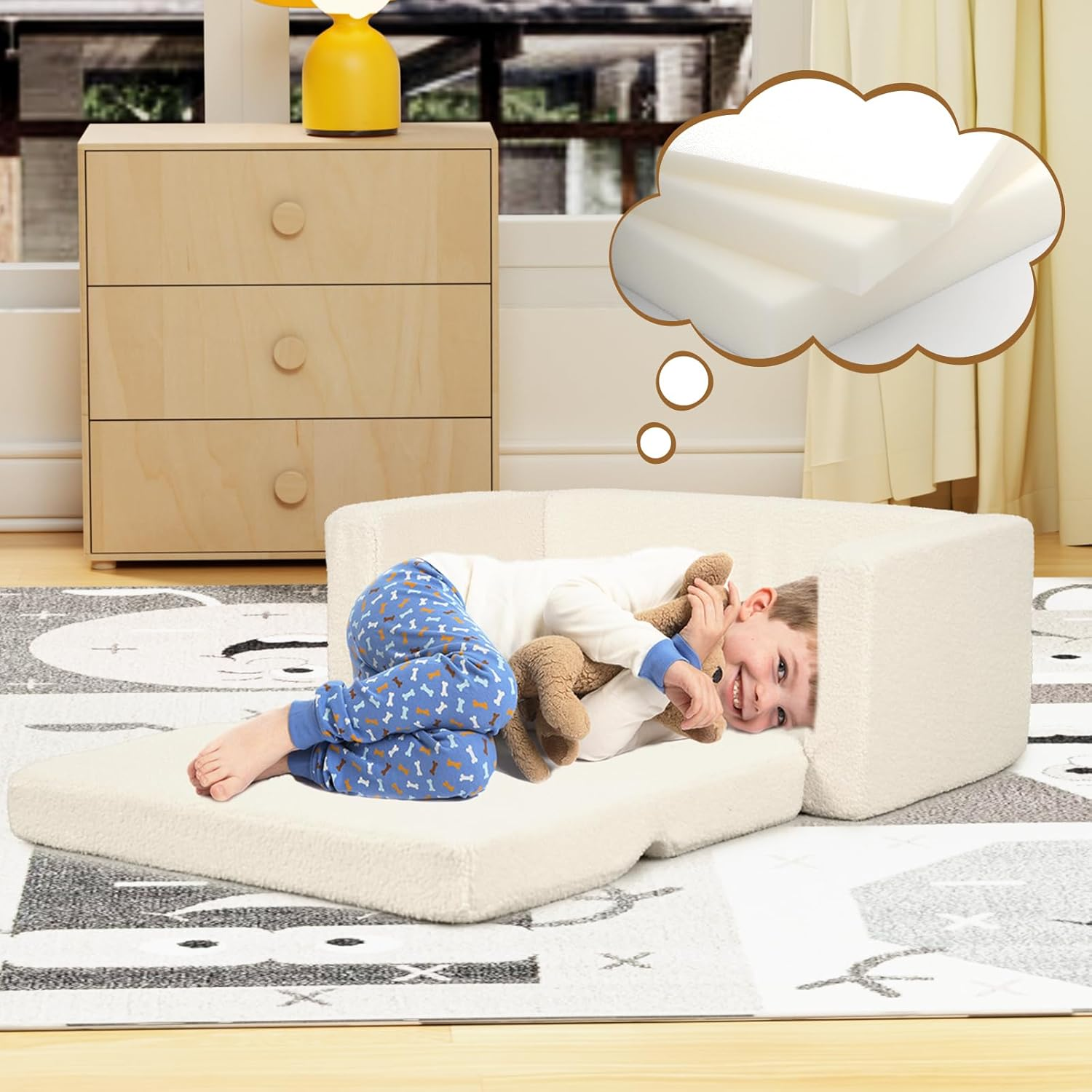 FAYDUDU Kids Sofa, 2-In-1 Fold Out Soft Toddler Couch, Toddler Sofa Bed with Washable Covers, Chair with Side Pocket Suitable for Playroom and Bedroom, Baby Sofa for Boys and Girls (Beige, L) image number 4