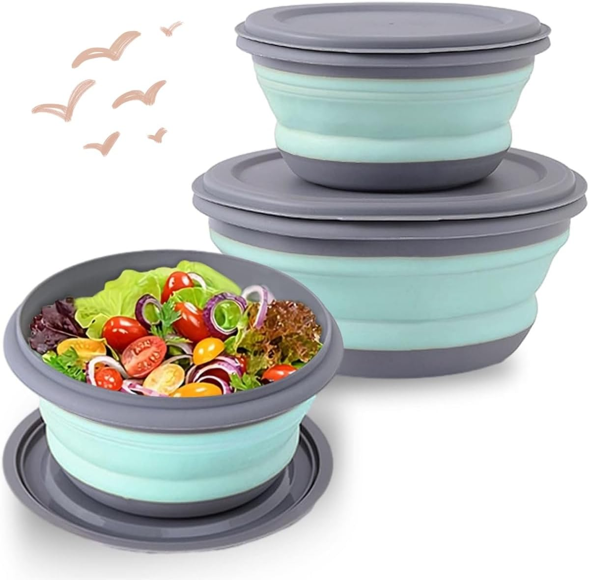3Pcs Collapsible Bowls,Food Grade Silicone Camping Bowl Salad Bowl with Lids, Portable Expandable Lunch Box Food Storage Container for Camping Travel and Picnic
