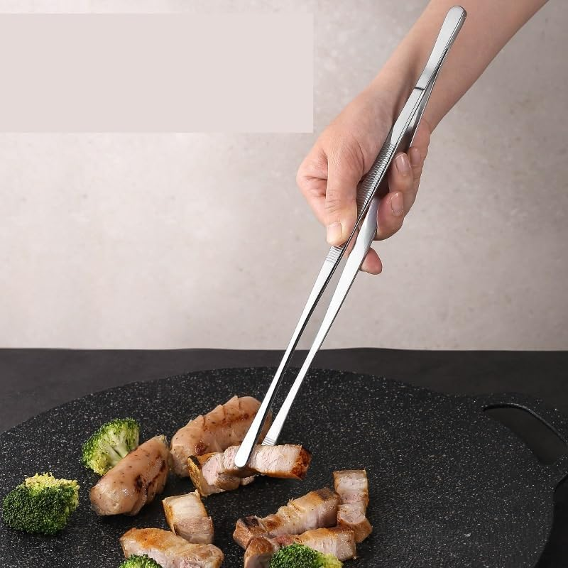 Long Grill Tongs, Heavy Duty Stainless Steel Tweezer Tongs for Cooking, Grilling, Barbecue/Bbq, Buffet and Turning Food (Silvery, 30CM)
