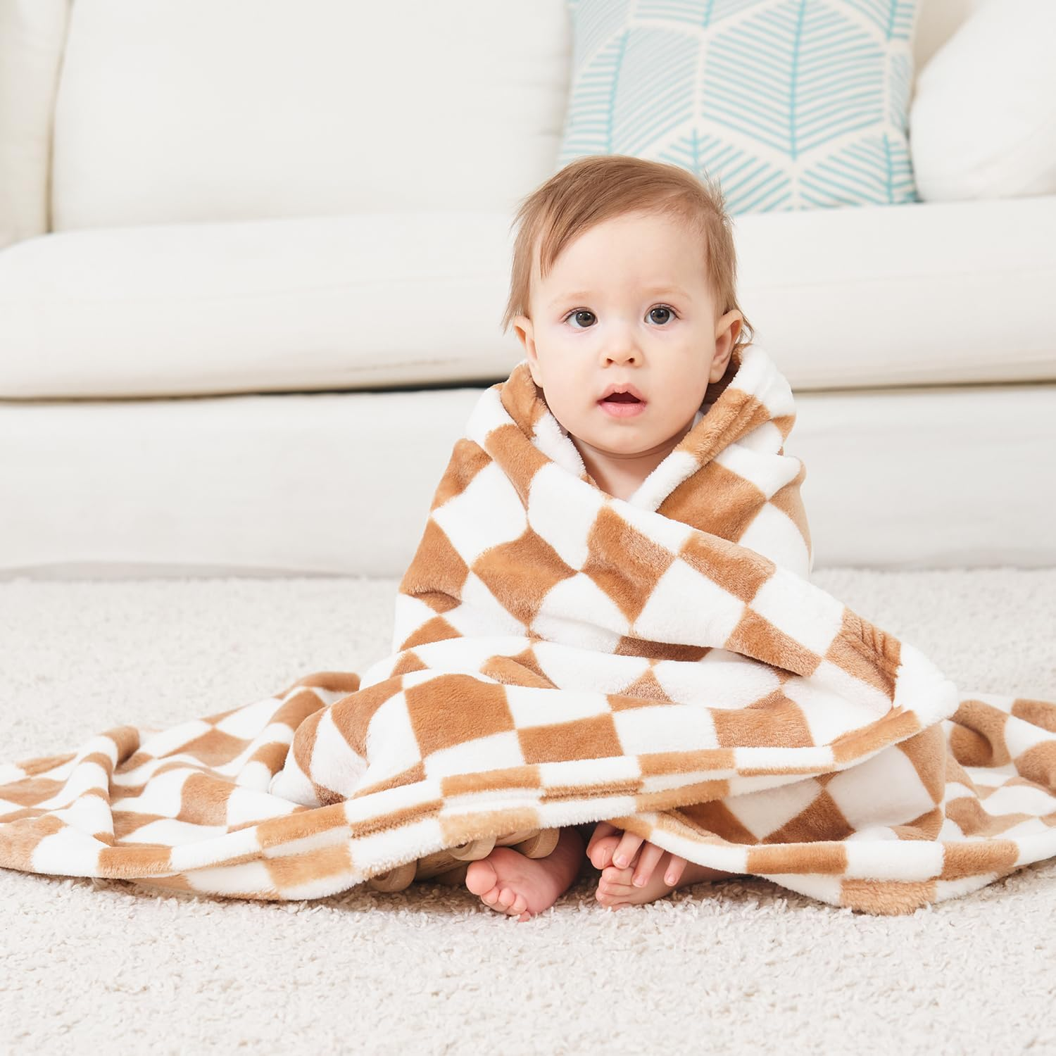 Checkered Baby Blanket Fleece Baby Blankets Neutral for Boys Girls, Super Soft Warm Lightweight Infant Toddler Newborn Receiving Blankets for Crib Stroller, Khaki 30''X40''