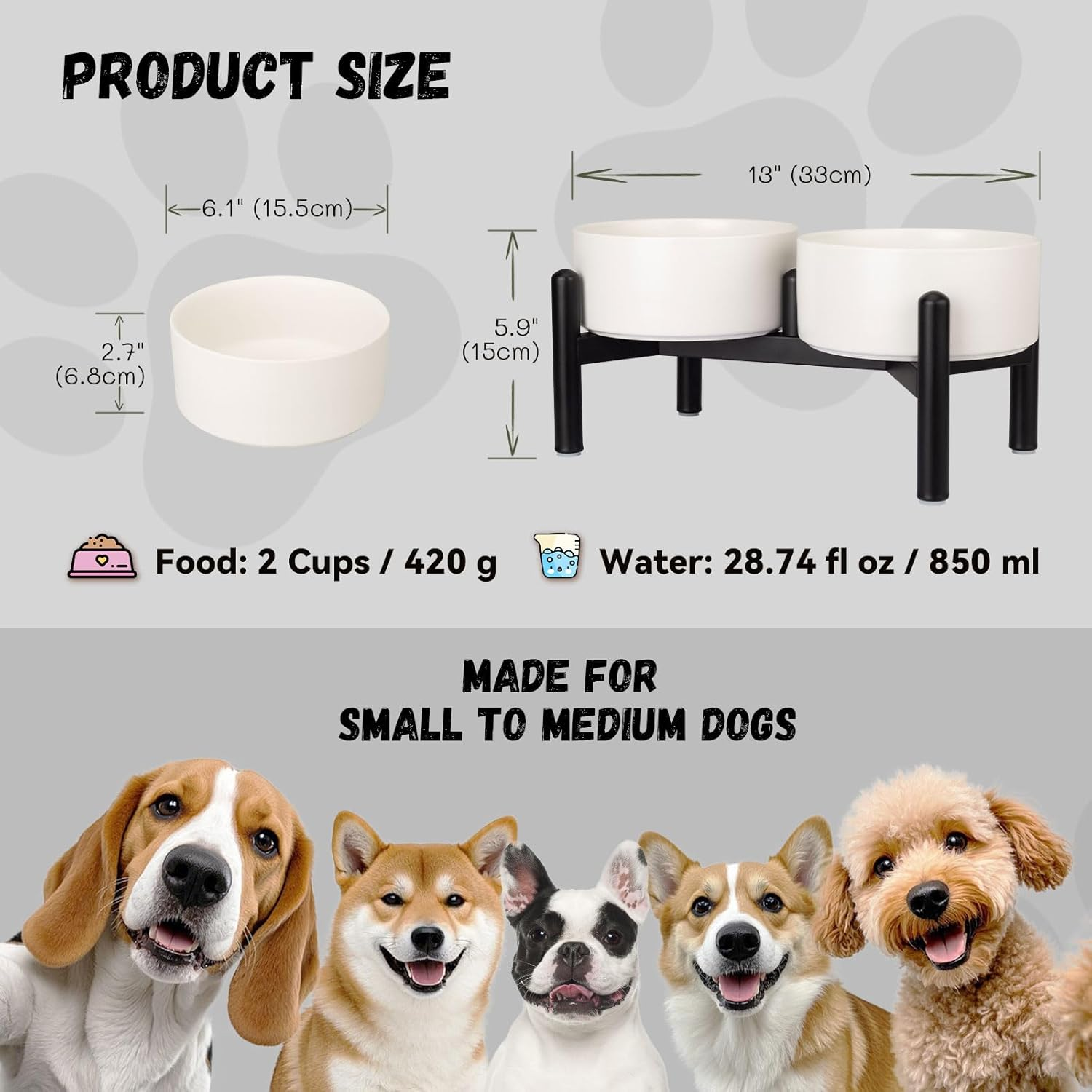 Raised Ceramic Dog Bowl Set - Elevated Double Dishes with Stainless Steel Stand - Food and Water Bowls for Small to Medium Dogs - Each Holds 2 Cups (28.75 Fl Oz) - White image number 6